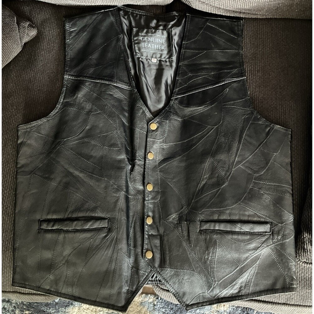 Vtg Italian Stone Design Genuine Leather Vest Black Patchwork Biker Western XXXL